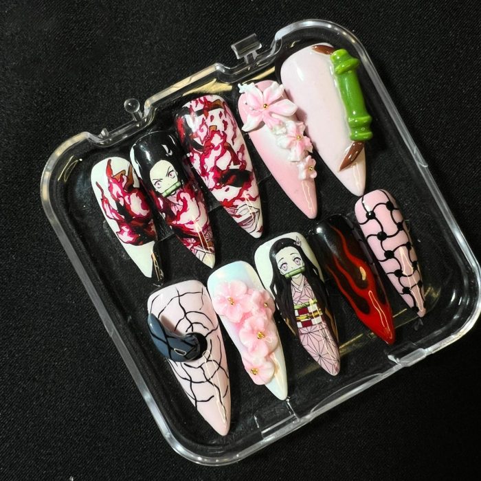 demon-sister-inspired-press-on-nails-pink-and-black-floral-design-with-bamboo-charm-handmade-anime-gel-nails-for-cosplay-gifts-2.jpg